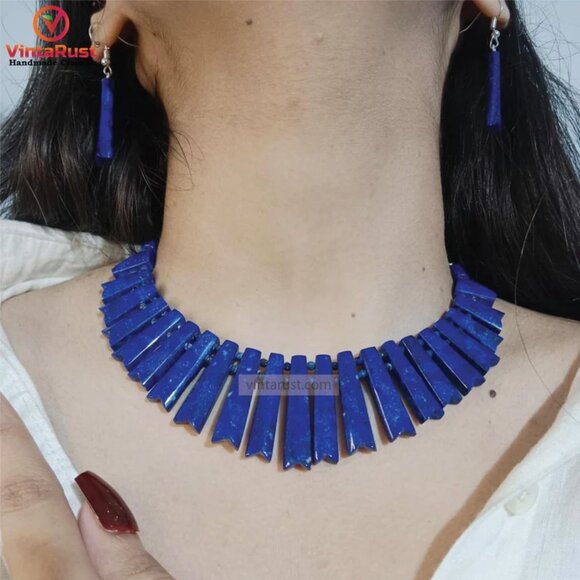 Lapis Lazuli Choker Necklace & Earrings: Vintage Tribal Jewelry Set - Picture 1 of 10